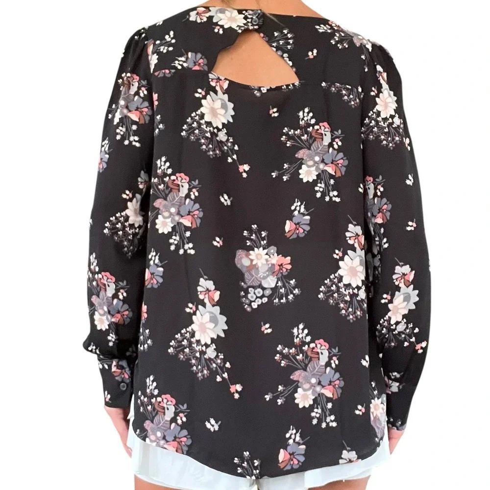 LOFT Women's S Black Pink Floral Bouquet Long Sleeve Cutout Casual Career Blouse